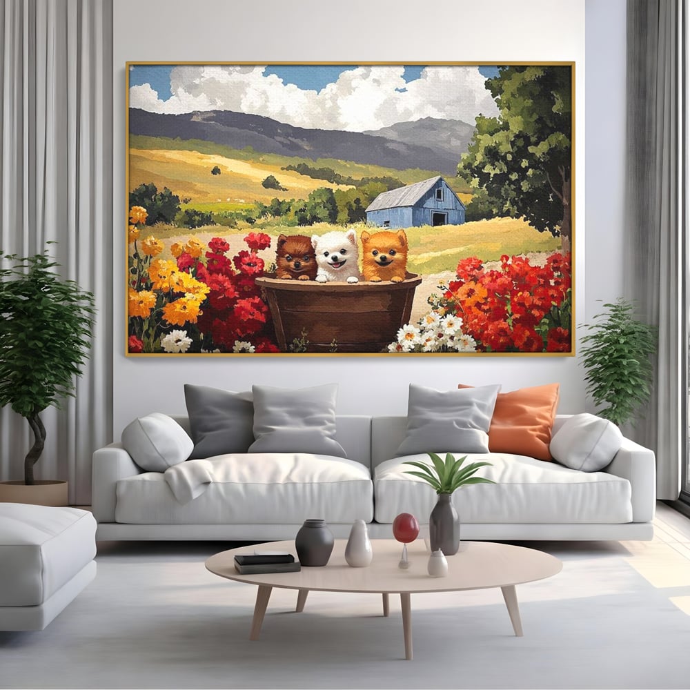 Tablou canvas cu pictura cu trei catelusi in butoi, in rama de aluminiu auriu, pe perete intr-un living